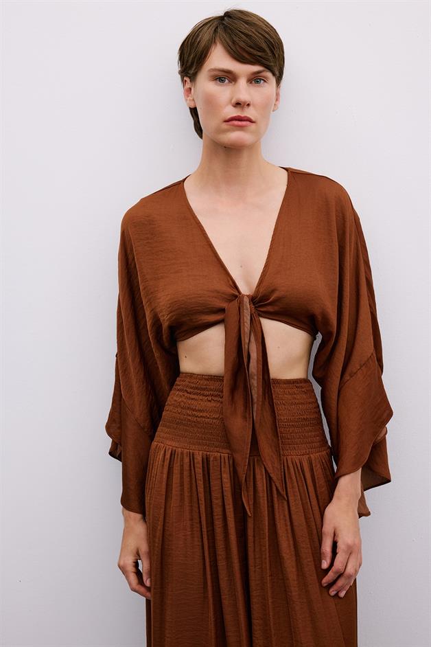 Tie-Front Relaxed Brown Crop Blouse