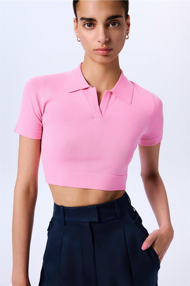 Basic Short Sleeve Crop Pink Blouse  