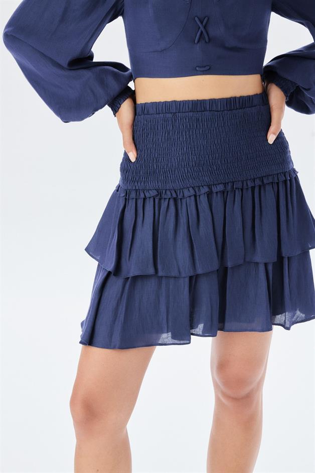 Waist Gather Detail Pleated Navy Mini Skirt