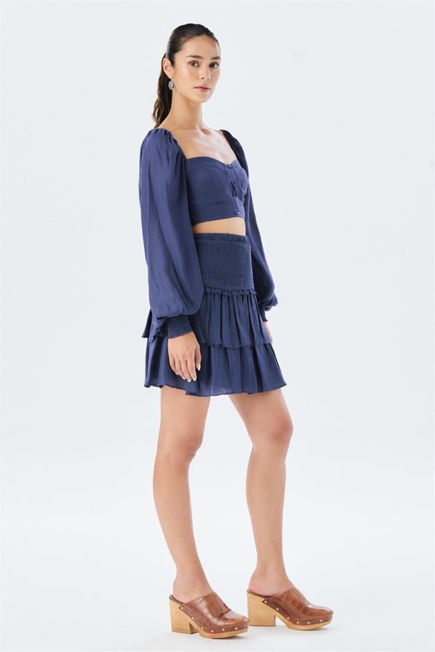 Waist Gather Detail Pleated Navy Mini Skirt