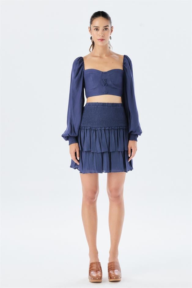 Waist Gather Detail Pleated Navy Mini Skirt