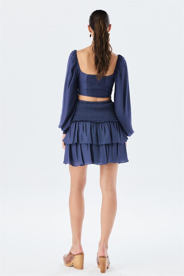 Waist Gather Detail Pleated Navy Mini Skirt
