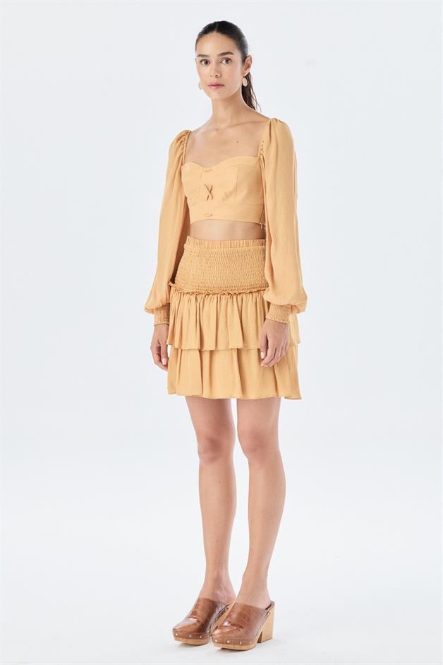 Waist Ruffle Detail Pleated Tobacco Mini Skirt