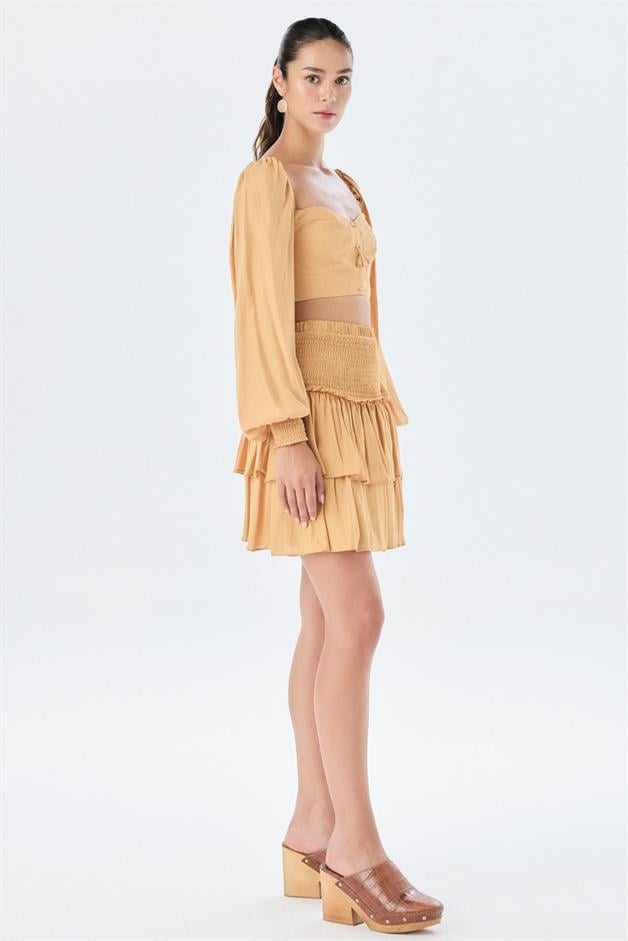 Waist Ruffle Detail Pleated Tobacco Mini Skirt