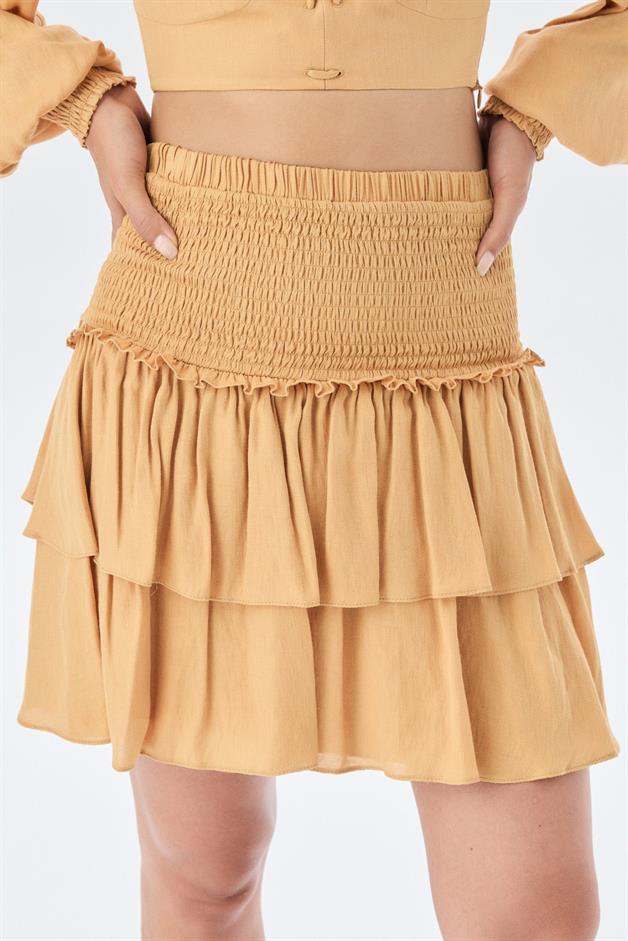 Waist Ruffle Detail Pleated Tobacco Mini Skirt