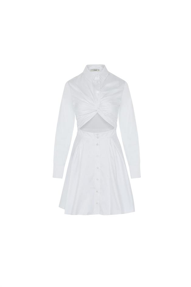 Bel Dekolte Detaylı Beyaz Kısa Elbise