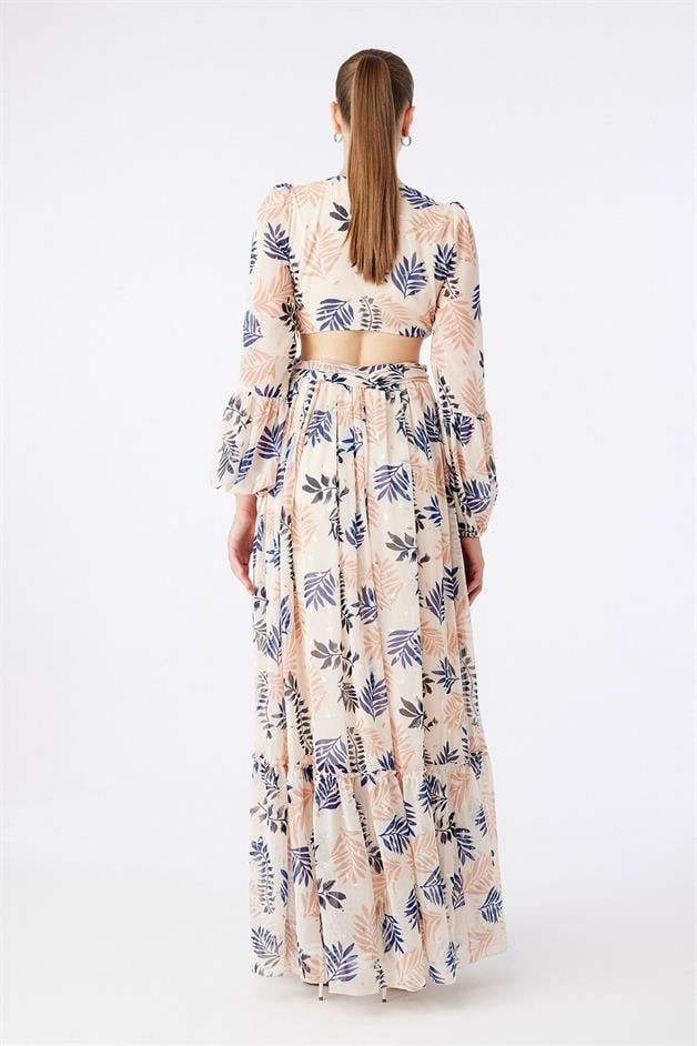 Bel Dekolte Detaylı Desenli Elbise