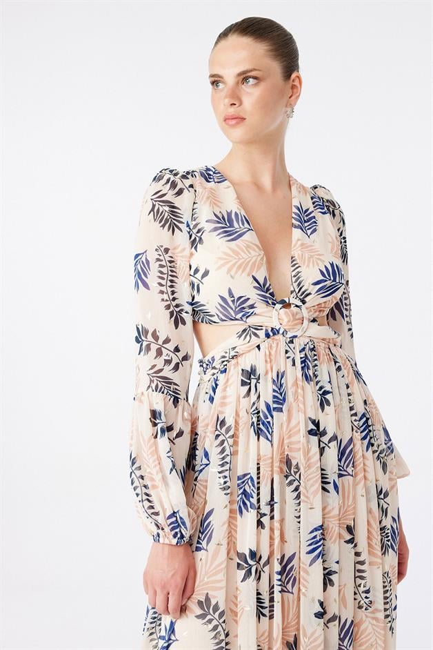 Bel Dekolte Detaylı Desenli Elbise