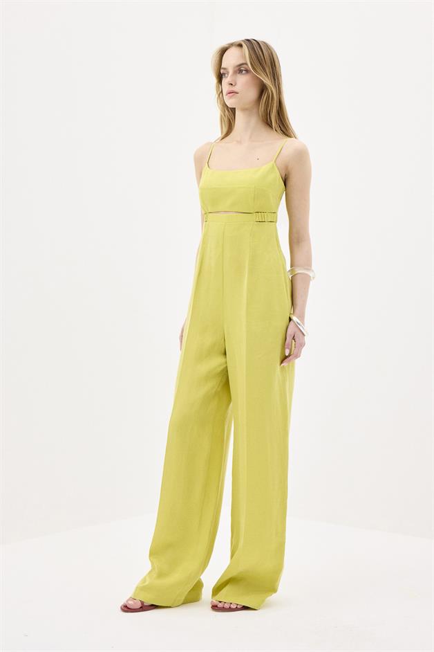 Waist Cutout Wide Leg Khaki Jumpsuit