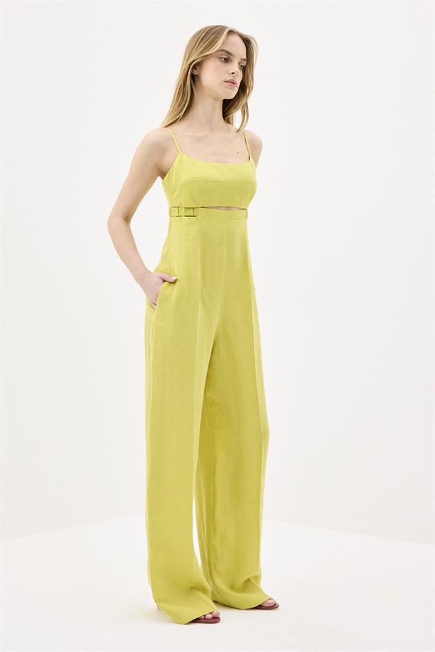 Waist Cutout Wide Leg Khaki Jumpsuit