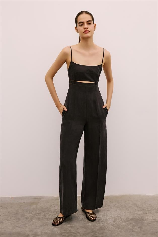 Waist Cutout Wide Leg Black Jumpsuit