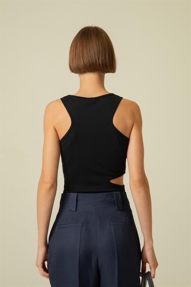 Waist Decollete Strappy Black Top