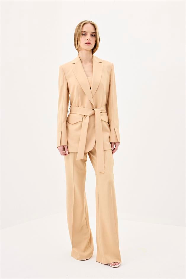 Belted Long Sleeve Beige Coat