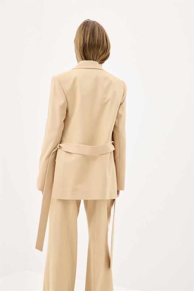 Belted Long Sleeve Beige Coat