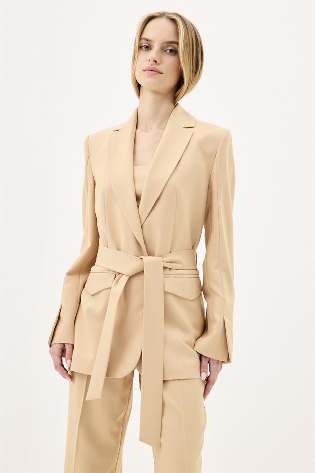 Belted Long Sleeve Beige Coat