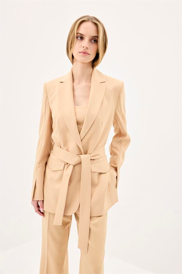 Belted Long Sleeve Beige Coat