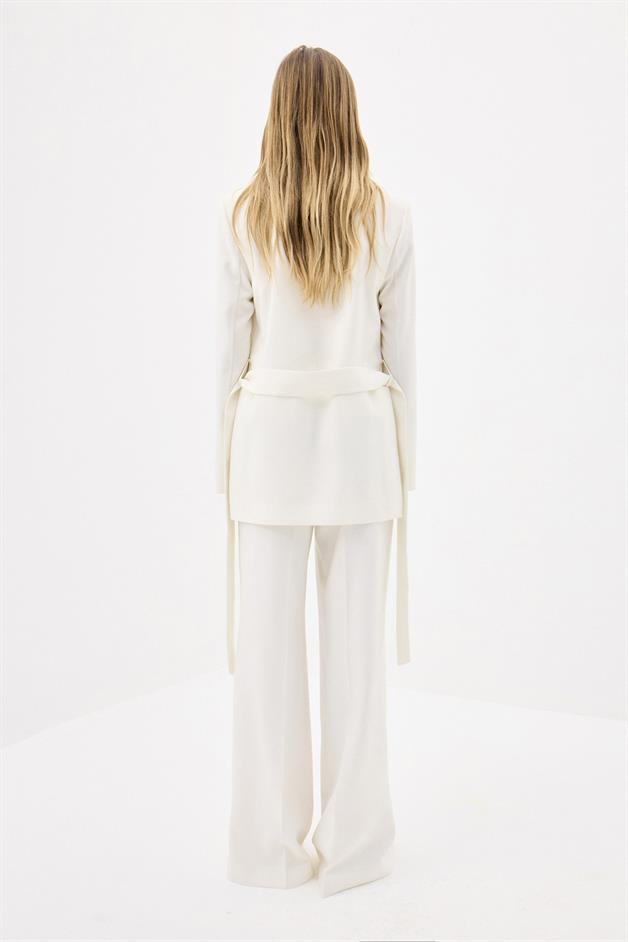Belted Long Sleeve Ecru Coat