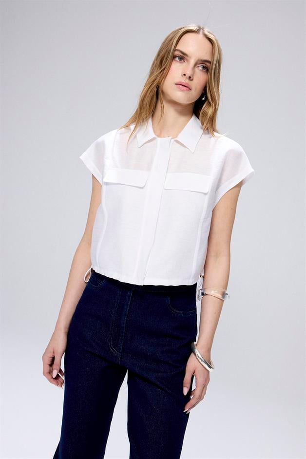 Adjustable Waist Drawstring White Crop Shirt
