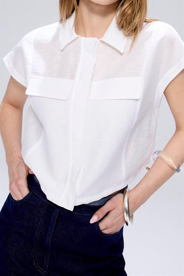 Adjustable Waist Drawstring White Crop Shirt