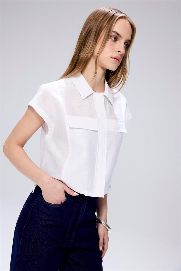Adjustable Waist Drawstring White Crop Shirt
