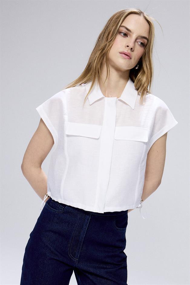 Adjustable Waist Drawstring White Crop Shirt