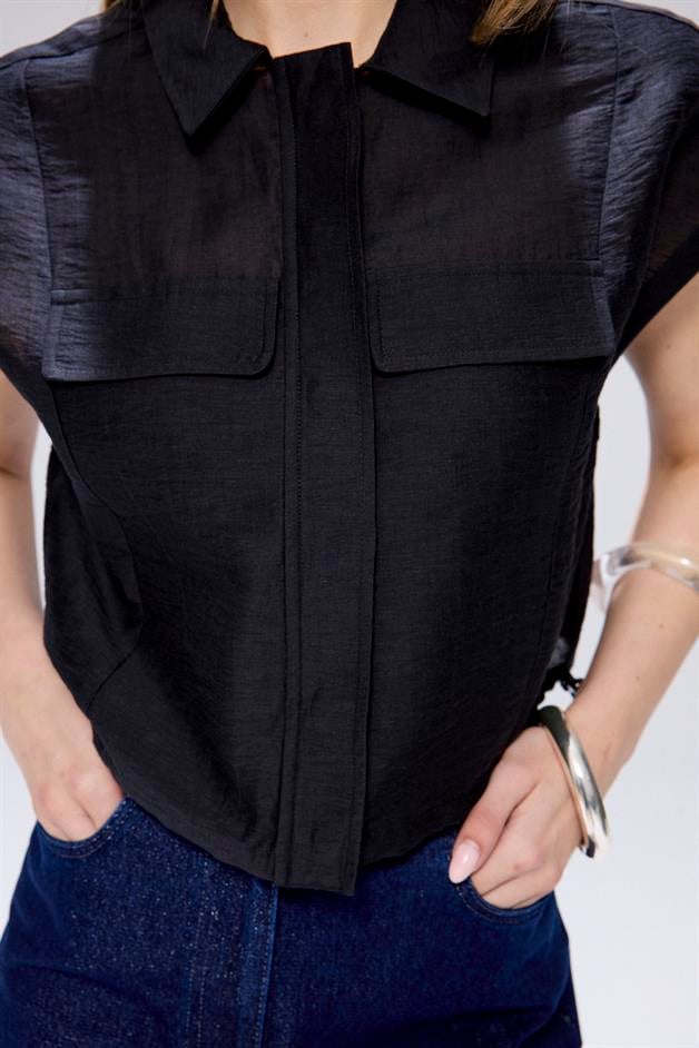 Adjustable Waist Drawstring Black Crop Shirt