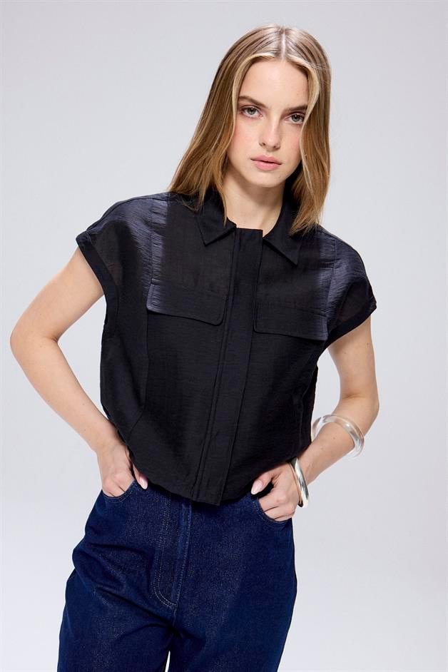 Adjustable Waist Drawstring Black Crop Shirt