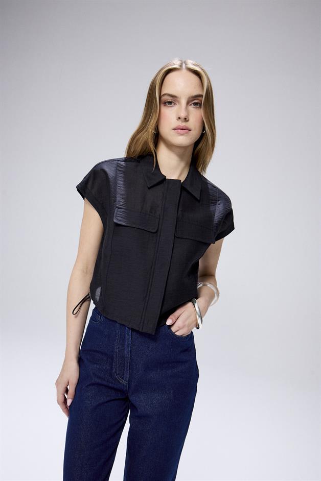 Adjustable Waist Drawstring Black Crop Shirt