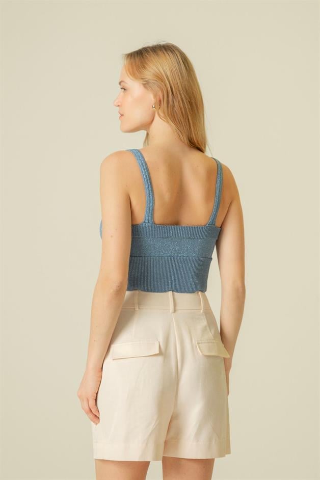 Beli Lastik Detaylı Askılı Mavi Triko Crop Top