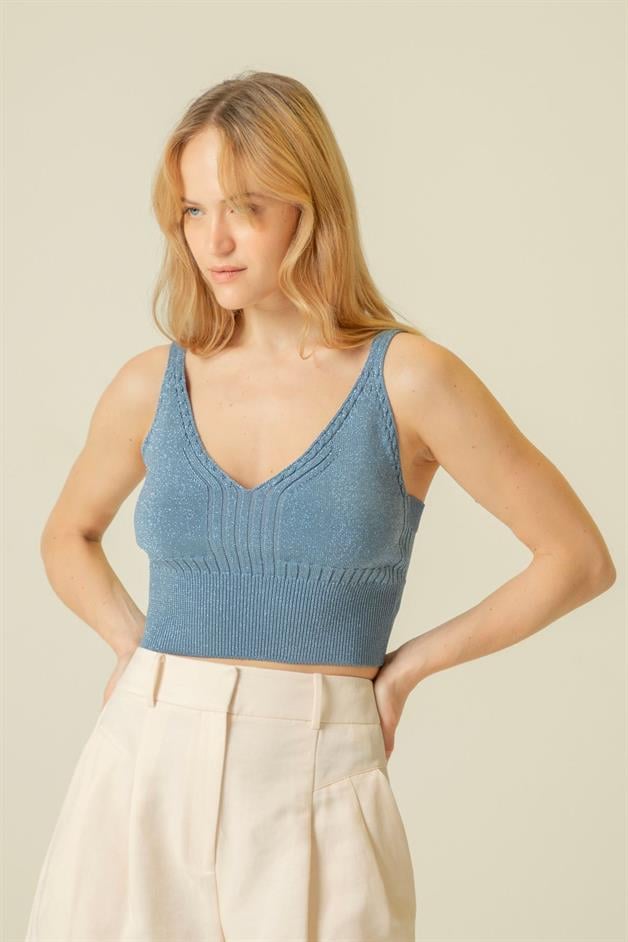 Beli Lastik Detaylı Askılı Mavi Triko Crop Top
