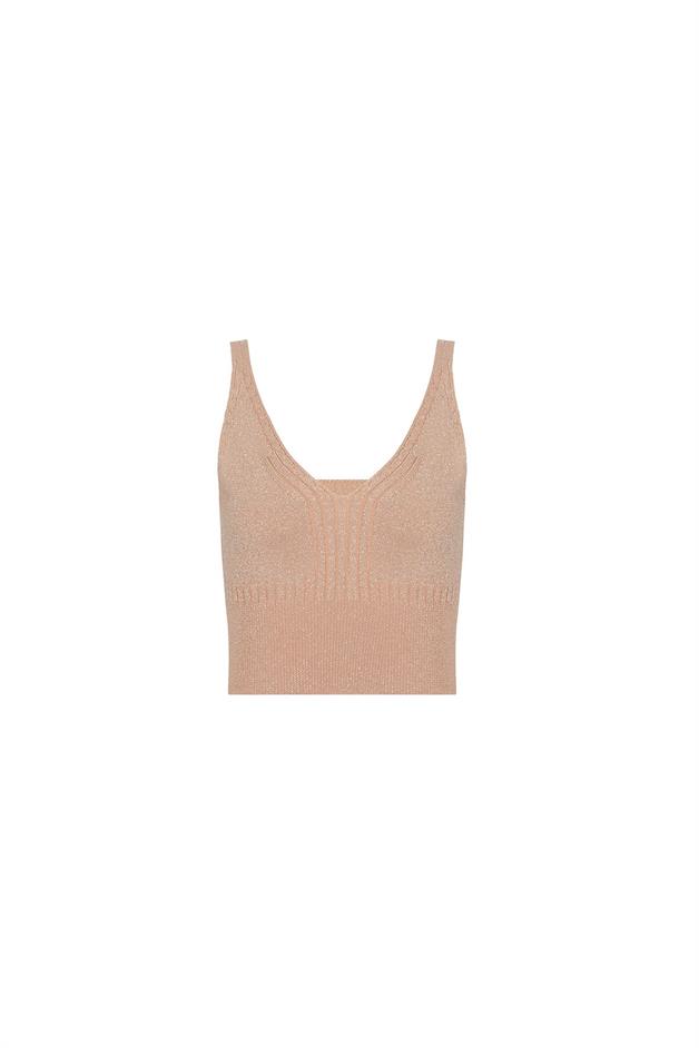 Beli Lastik Detaylı Askılı Pudra Triko Crop Top