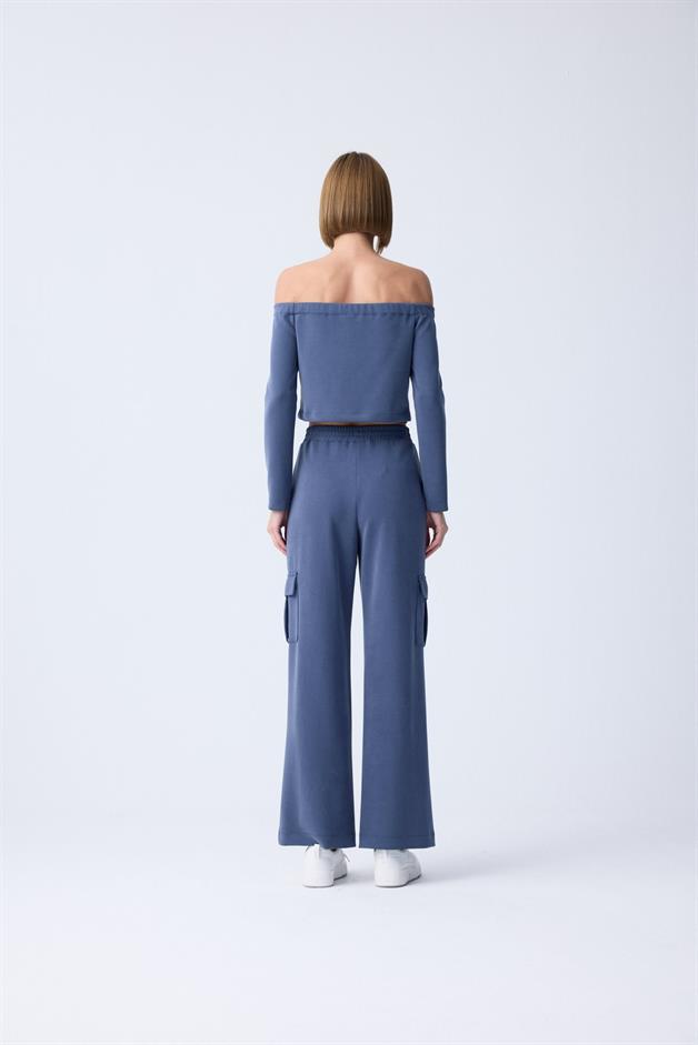 Beli Lastikli Örme Mavi Pantolon