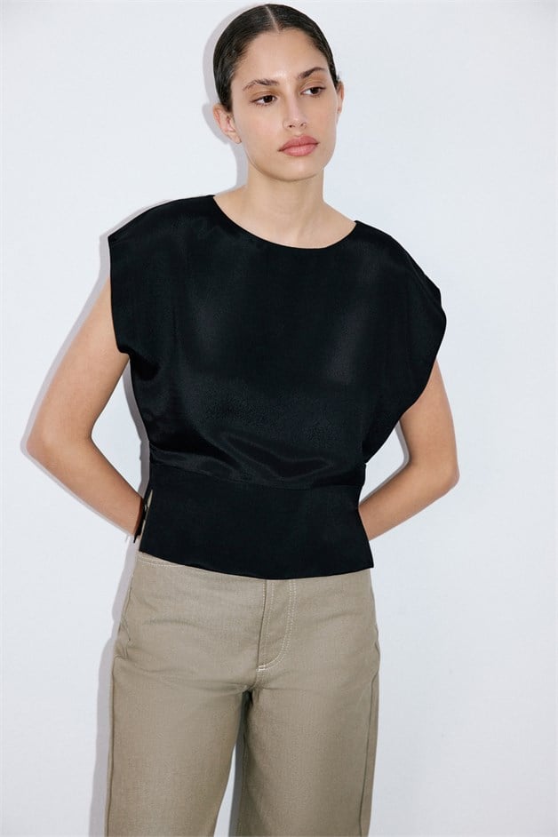Crew Neck Satin Side Slit Black Blouse
