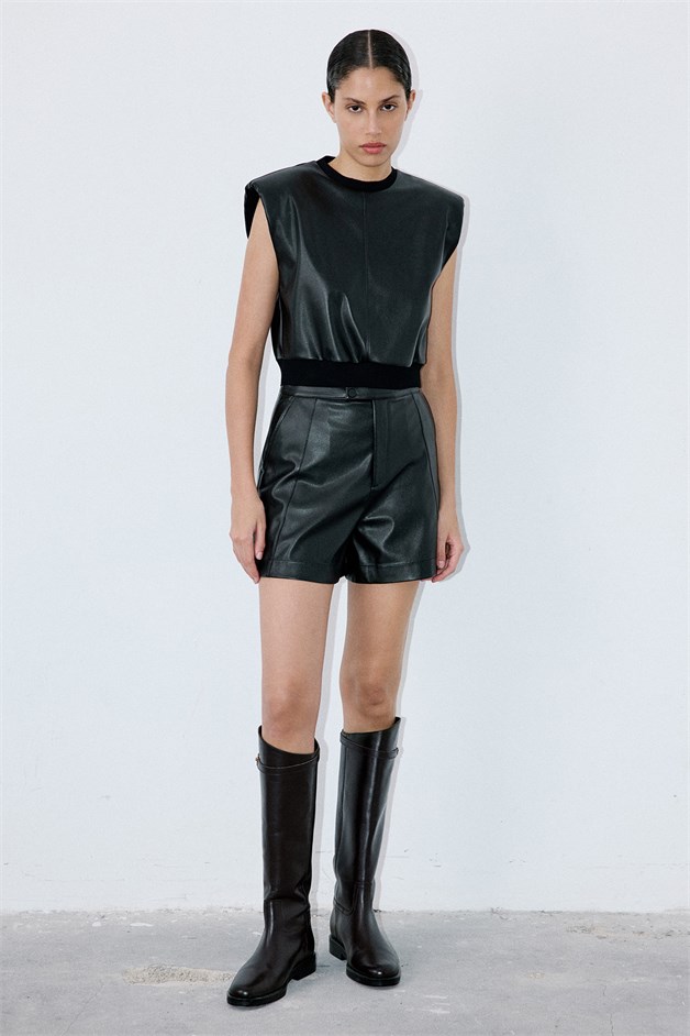 Crew Neck Faux Leather Sleeveless Black Blouse