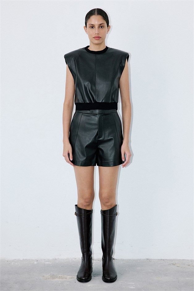 Crew Neck Faux Leather Sleeveless Black Blouse