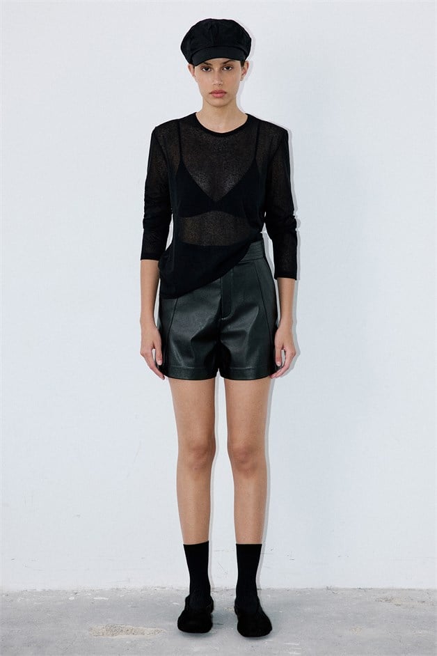 Crew Neck Sheer Knit Black Sweater
