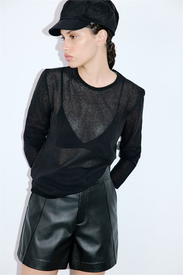 Crew Neck Sheer Knit Black Sweater