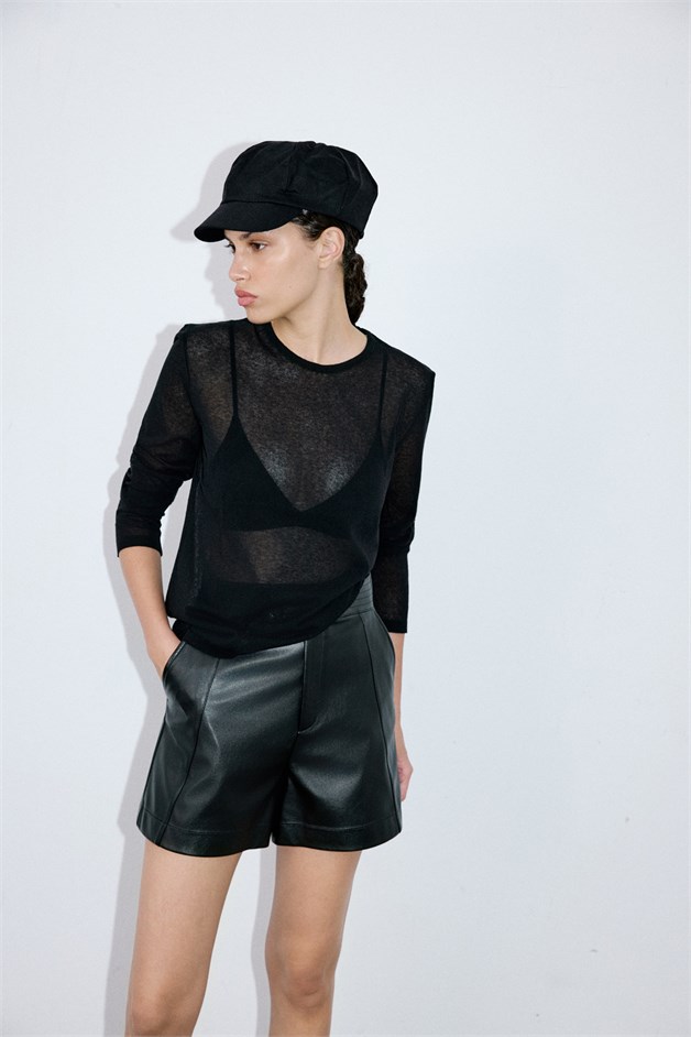 Crew Neck Sheer Knit Black Sweater