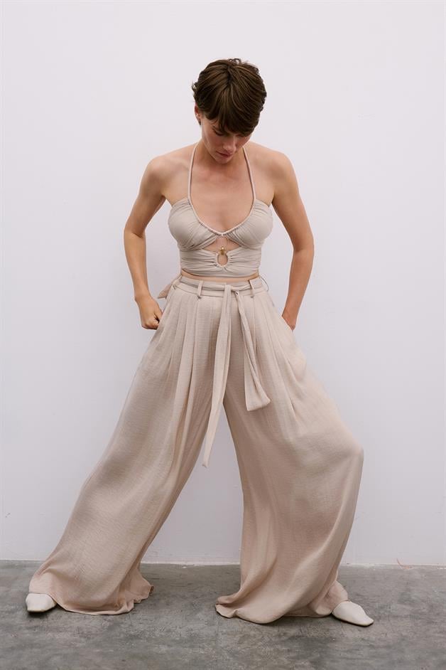 Pleated Wide-Leg Beige Trousers