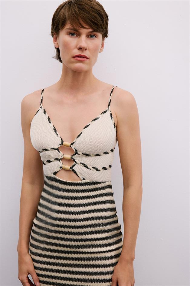 Beaded Detail Midi Beige Dress