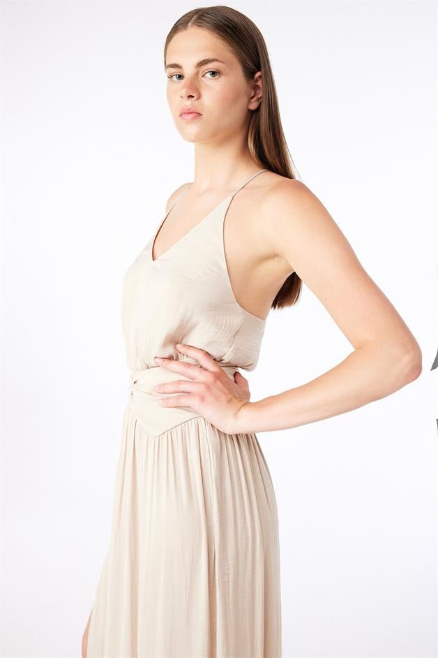 Halter Neck Thin Strapped Beige Blouse