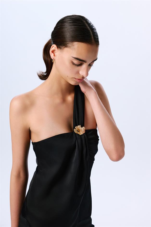 Brooch Detailed Elegant Black Blouse  