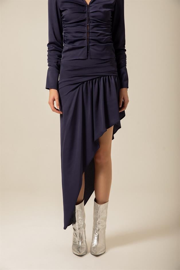 Ruched Asymmetrical Navy Skirt