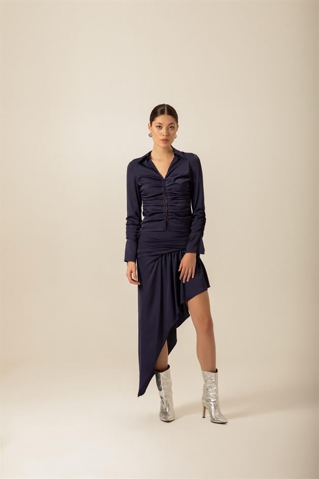 Ruched Asymmetrical Navy Skirt