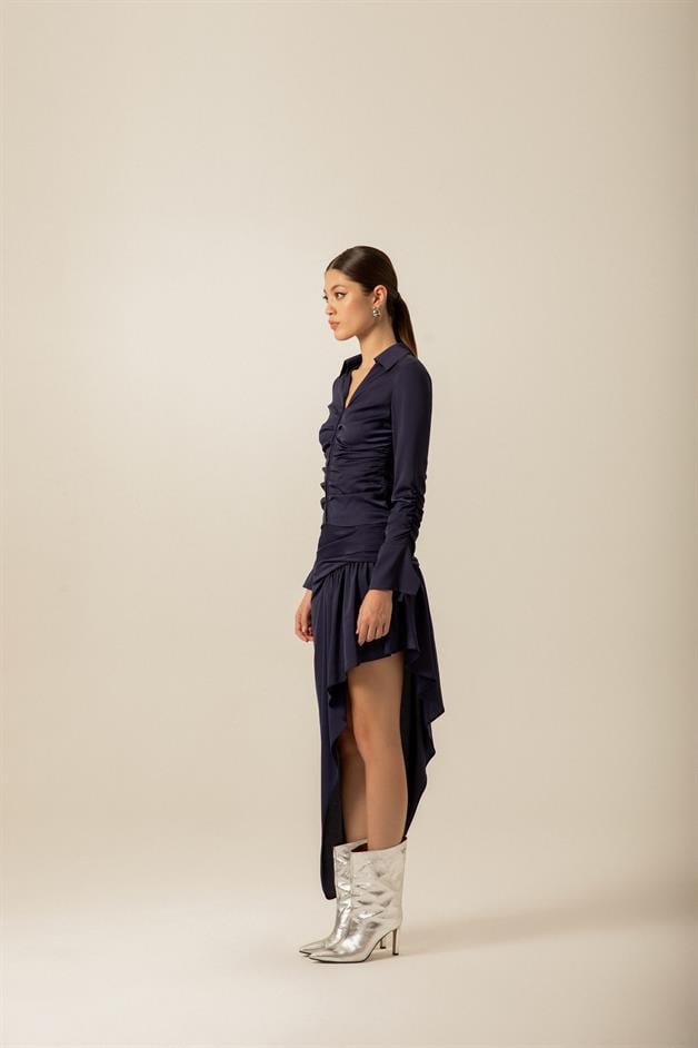 Ruched Asymmetrical Navy Skirt
