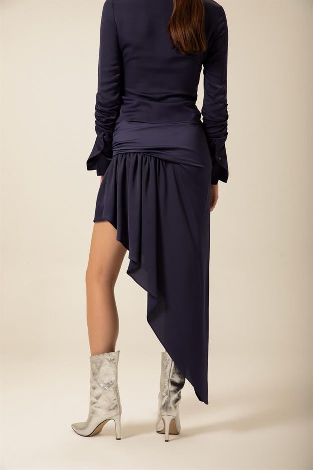 Ruched Asymmetrical Navy Skirt