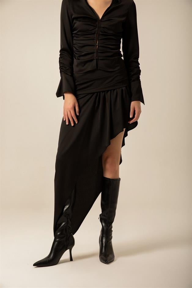 Ruched Asymmetrical Black Skirt