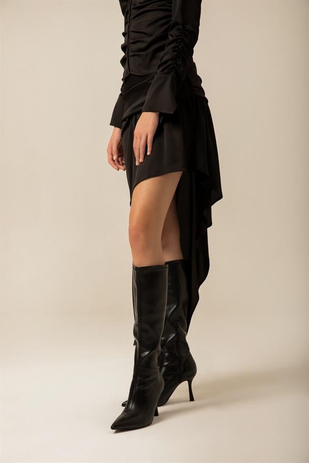 Ruched Asymmetrical Black Skirt