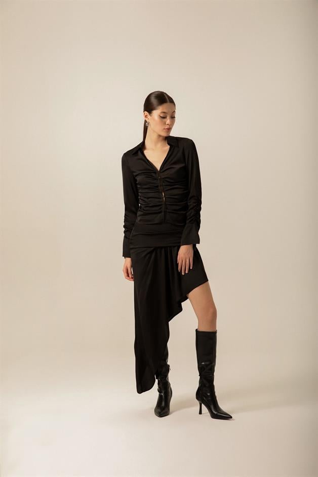Ruched Asymmetrical Black Skirt