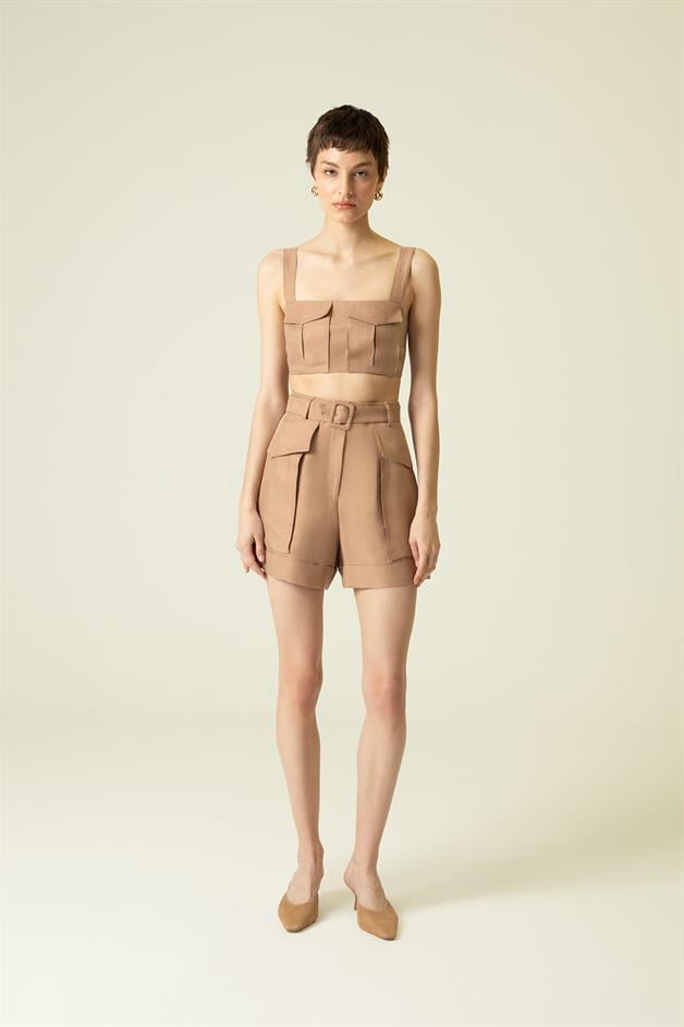 Cep Kapağı Detaylı Askılı Camel Crop Top